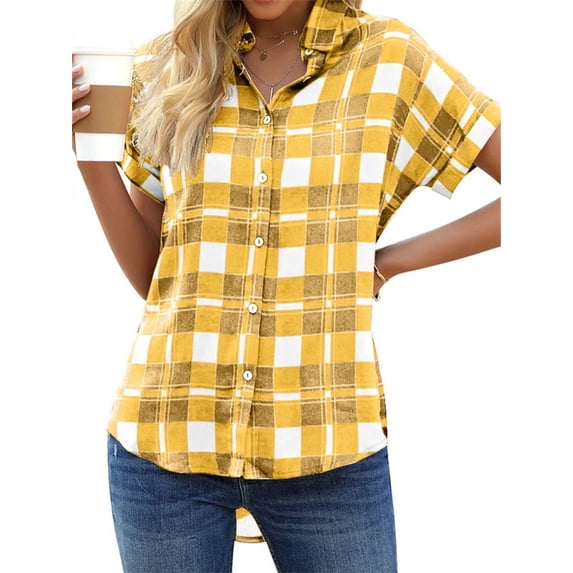 Short Sleeve Plaid Print Women Casual Blouse Female Summer Turn-Down Collar Shirt Tops