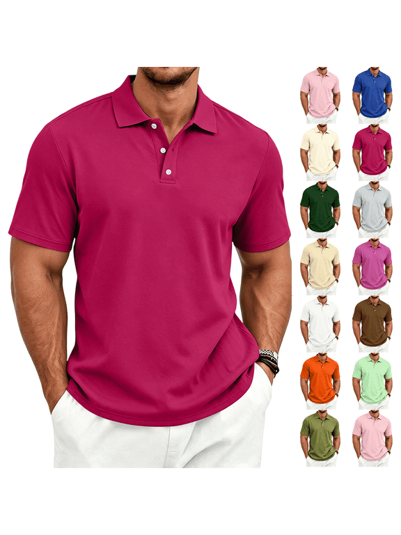 Short Sleeve Polo Shirts Men's Casual Classic Button Basic Shirt Solid Color Cotton Tees Stylish Tops Hot Pink S