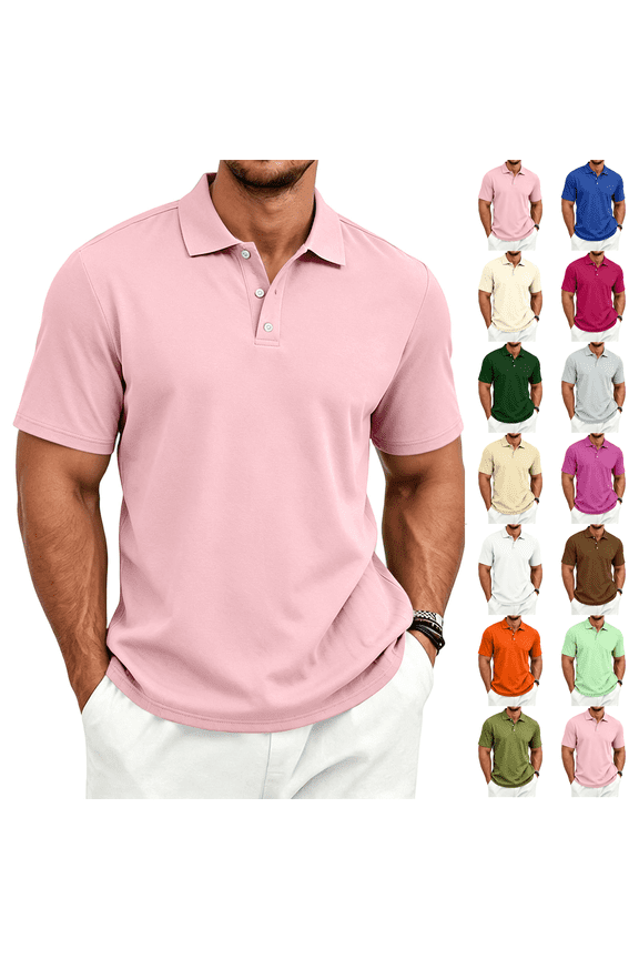 Short Sleeve Polo Shirts Men's Casual Classic Button Basic Shirt Solid Color Cotton Tees Stylish Tops Light pink M
