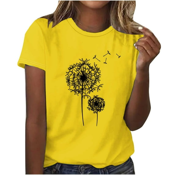 Short Sleeve Polyester T Shirts Woman Casual Summer Cotton Tops Loose Fit Sunflower Printed Plus Size Tees (Medium, Yellow 04)