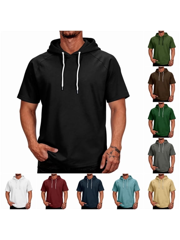 Short Sleeve Pullover Hoodie for Men Gym Workout Pullover Hooded Shirt Lightweight Cotton Blend Casual Streetwear Black XXL