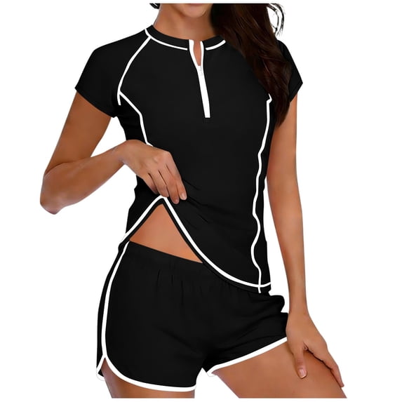 Short Sleeve Rash Guard for Women 2 Piece Swimsuit UPF 50+ Zipper Swim Shirts with Built in Bra Striped Tankini Sets Lightweight Slim Fit Swimwear 2026 Summer Beach Vacation Outfits