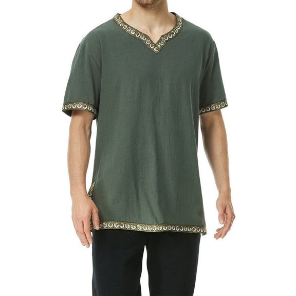 Short Sleeve Renaissance Top, V Neck Medieval Renaissance Tunic Top, Decorative Trim Short Sleeve Viking Peasant Cosplay Shirt for Larp Halloween Party,Earth Tone Casual Historical Top, Army Green M