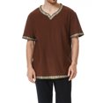 thumbnail image 1 of Short Sleeve Renaissance Top, V Neck Medieval Renaissance Tunic Top, Decorative Trim Short Sleeve Viking Peasant Cosplay Shirt for Larp Halloween Party,Earth Tone Casual Historical Top, Coffee M, 1 of 4