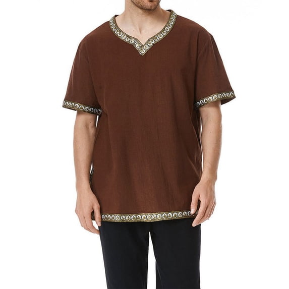 Short Sleeve Renaissance Top, V Neck Medieval Renaissance Tunic Top, Decorative Trim Short Sleeve Viking Peasant Cosplay Shirt for Larp Halloween Party,Earth Tone Casual Historical Top, Coffee M