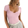 thumbnail image 1 of Short Sleeve Ribbed Knit Bodysuit for Women Scoop Neck Slim Fit Stretchy One Piece Top with Notched Detail Light pink S, 1 of 5