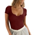 thumbnail image 1 of Short Sleeve Ribbed Knit Bodysuit for Women Scoop Neck Slim Fit Stretchy One Piece Top with Notched Detail Wine S, 1 of 5