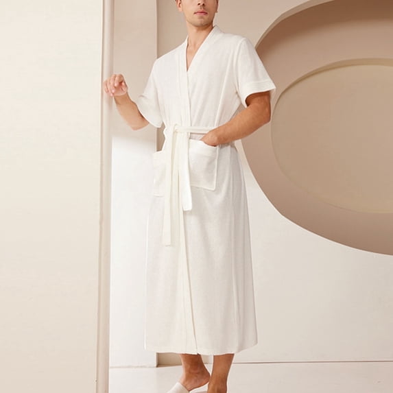 Short Sleeve Robes for Men with Pockets and Belt Open Front Bathrobes Mens Casual Solid Color Comfort Homewear Loungewear Pajamas Shower Robe