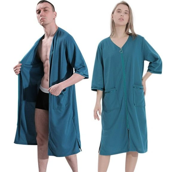 Short Sleeve Robes for Women Men Summer and Spring Sleepwear Zip Front Nightgowns Loose Housecoat Loungewear Dress Duster with Pockets