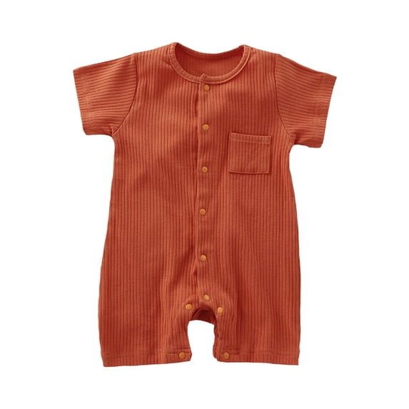 Short Sleeve Romper For Toddler Crew Neck Button Down Jumpsuit Breathable Comfy One Piece Oneise With Pocket (3 Months, Brown)
