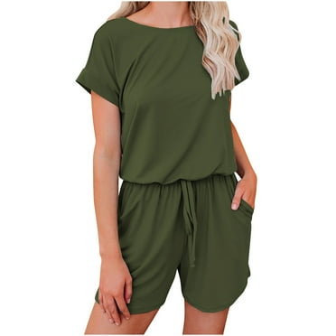 Short Sleeve Rompers for Women One Piece Cotton Round Neck Loose Casual Wide Leg Jumpsuits Drawstring Solid Color Romper Short with Pockets