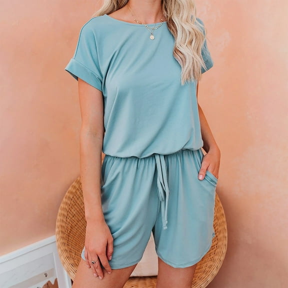 Short Sleeve Rompers for Women One Piece Cotton Round Neck Loose Casual Wide Leg Jumpsuits Drawstring Solid Color Romper Short with Pockets