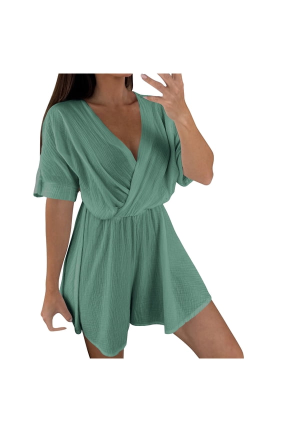 Short Sleeve Rompers for Women Wrap V-Neck Wide Leg Shorts Women's Jumpsuits Summer Beach Vacation New Green S