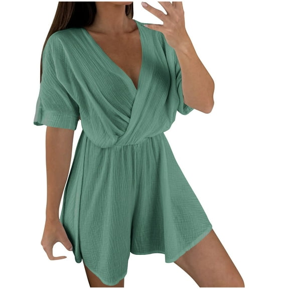Short Sleeve Rompers for Women Wrap V-Neck Wide Leg Shorts Women's Jumpsuits Summer Beach Vacation New Green XL