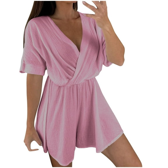 Short Sleeve Rompers for Women Wrap V-Neck Wide Leg Shorts Women's Jumpsuits Summer Beach Vacation New Pinks S