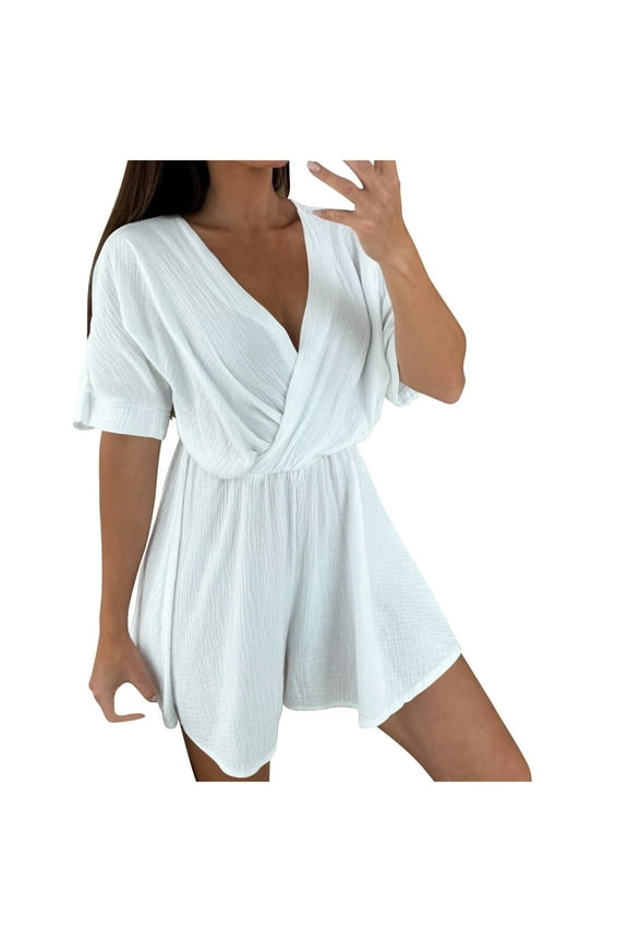 Short Sleeve Rompers for Women Wrap V-Neck Wide Leg Shorts Women's Jumpsuits Summer Beach Vacation New White M