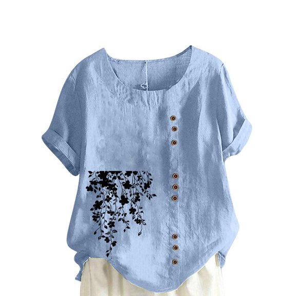 Short Sleeve Round Neck Blouse Women's Spring Casual Outfits Comfort Tees Linen Tops with Buttons My Items