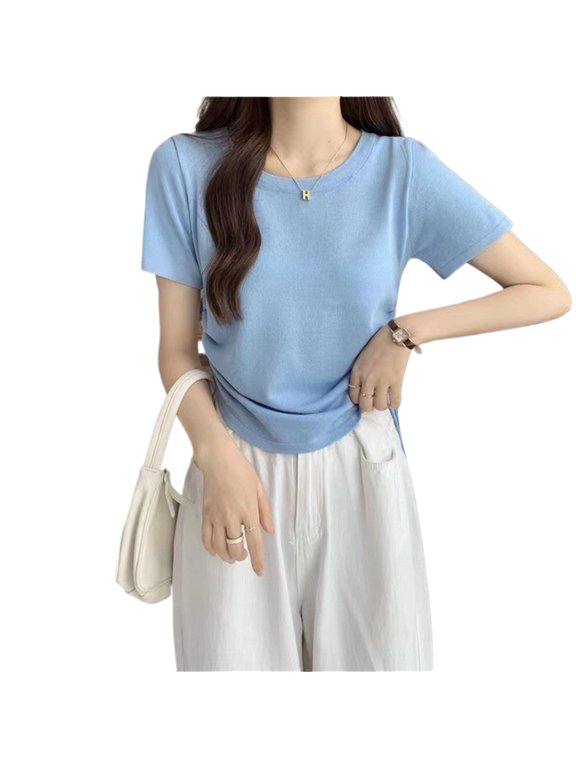 Short Sleeve Round Neck Casual Sports T-Shirt Side Ruched Drawstring Solid Color Fitted Crop Top Streetwear for Women