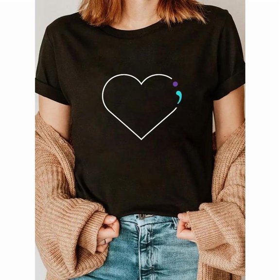Short Sleeve Round Neck Cotton Fashion Heart Semicolon Graphic Tee T Shirt Top Black S-5XL
