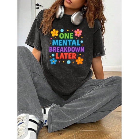 Short Sleeve Round Neck Cotton Letter Graphic Tee Floral T Shirt Tops Casual Black S-2XL Plus Size