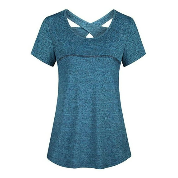 Short Sleeve Round Neck Criss Cross Back Athletic Yoga Shirt workout tops for women, Blue, X-Large
