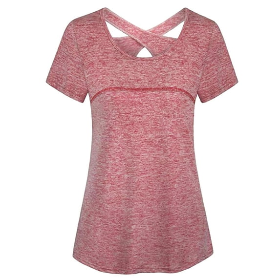 Short Sleeve Round Neck Criss Cross Back Athletic Yoga Shirt workout tops for women