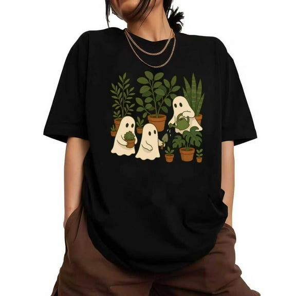 Short Sleeve Round Neck Ghosts Gardening Graphic Tee Potted Plant Design Comfort T-Shirt Black S-5XL