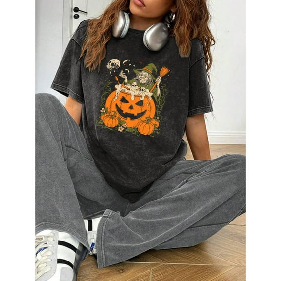 Women Witch Pumpkin Halloween Graphic for Holidays Tee T Shirt Top Short Sleeve Round Neck Black S-2XL Plus Size