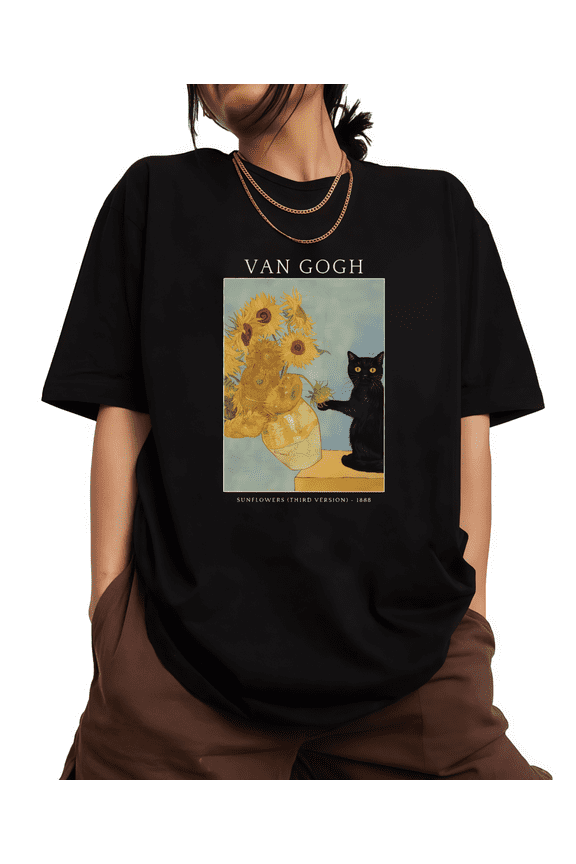 Women Van Gogh Sunflowers Graphic Tee T-Shirt Top Short Sleeve Round Neck Comfort Trendy Casual Black S-5XL