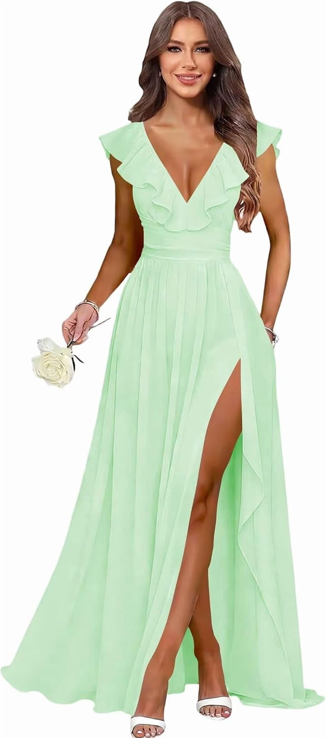 Long Side Ruffled Dress Women's V‑Neck Ruffle‑Sleeve Chiffon Bridesmaid Gown, Long Formal ...