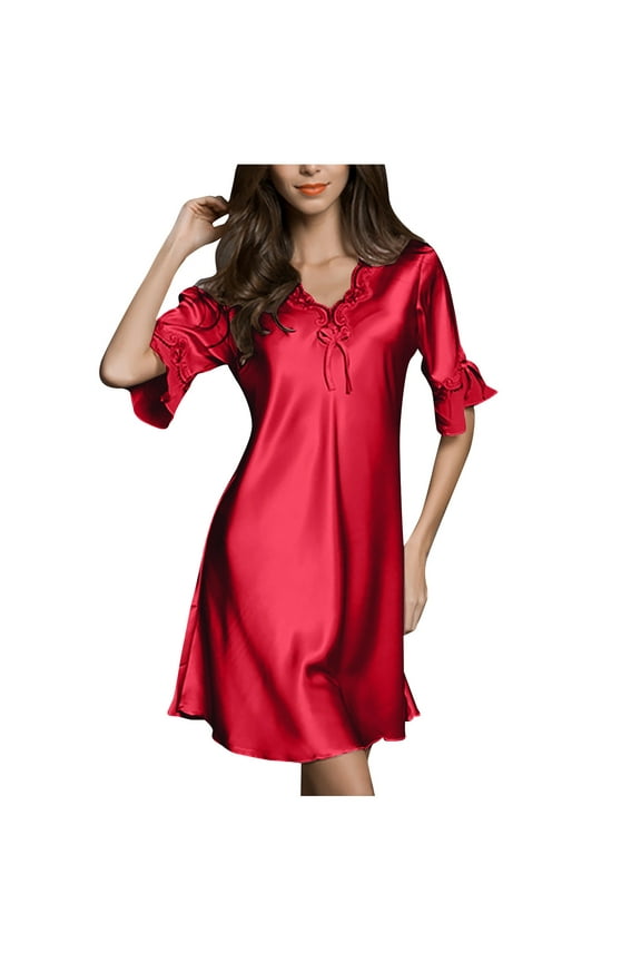 Clearance Short Sleeve Satin Pajama Sleep Dress for Women Casual Summer Ruffle Lace V Neck Silky Sleepwear Short Nightgown (M, Red)