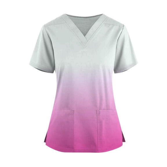 Short Sleeve Scrubs for Women Gradient Color V Neck Casual Slim Fit Scrub Tops Stretch Comfy Shirts with Pockets