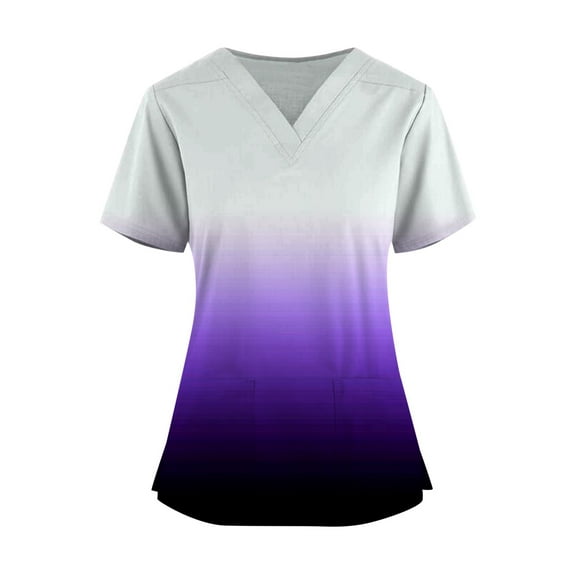 Short Sleeve Scrubs for Women Gradient Color V Neck Casual Slim Fit Scrub Tops Stretch Comfy Shirts with Pockets