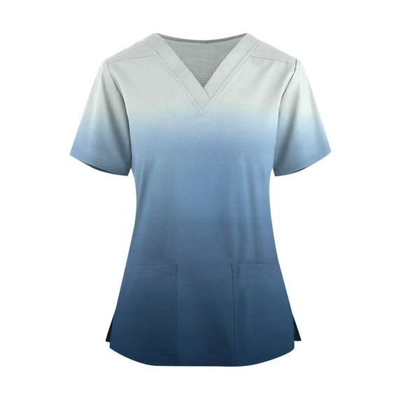 Short Sleeve Scrubs for Women Gradient Color V Neck Casual Slim Fit Scrub Tops Stretch Comfy Shirts with Pockets