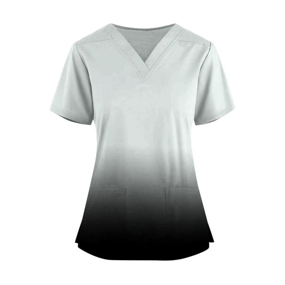 Short Sleeve Scrubs for Women Gradient Color V Neck Casual Slim Fit Scrub Tops Stretch Comfy Shirts with Pockets