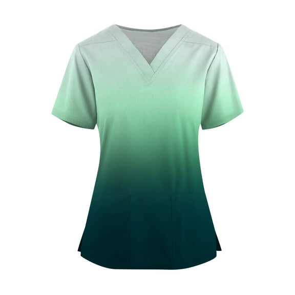 Short Sleeve Scrubs for Women Gradient Color V Neck Casual Slim Fit Scrub Tops Stretch Comfy Shirts with Pockets