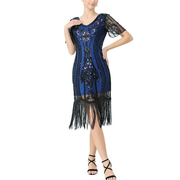 Short Sleeve Sequin Beaded 1920S Themed Party Dress Fringe Flapper Roaring 20S