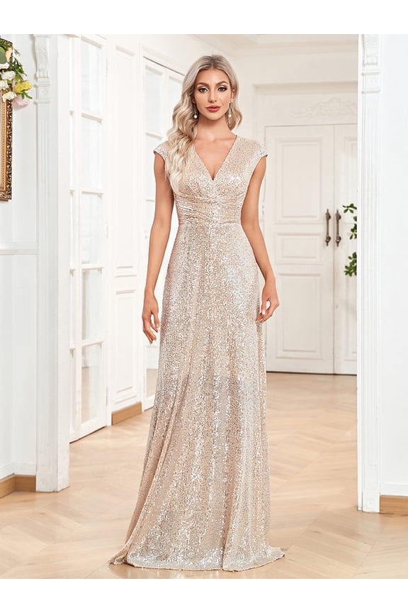 Short Sleeve Sequin Dress for Women Formal Evening Gowns Sparkly V Neck Long Dress Wedding Guest Dress Bridesmaid Dress