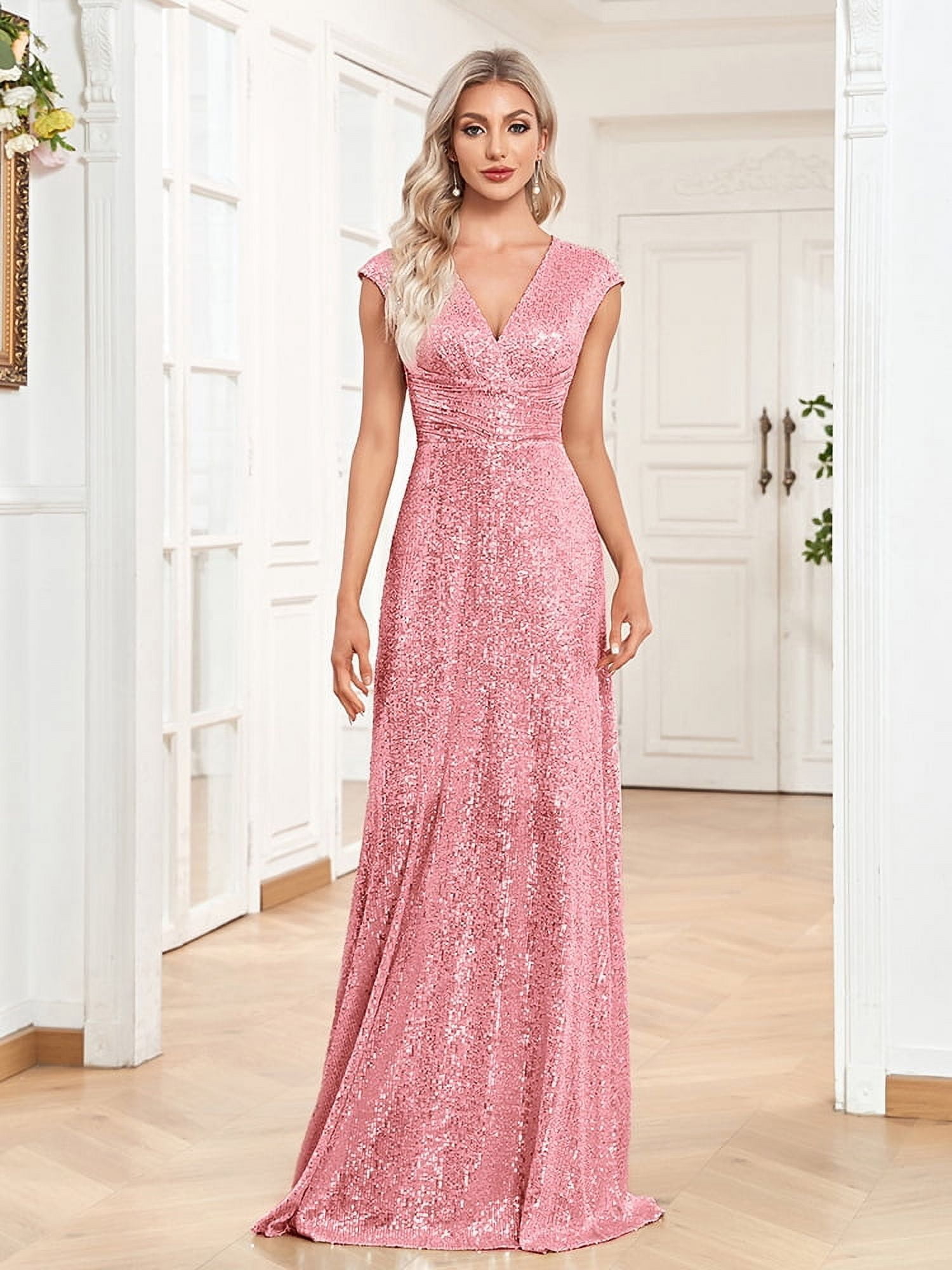 short sleeve sequin bridesmaid dress Puffy Short Sleeve Sparkly Evening Dresses Party Gowns Silver / 18