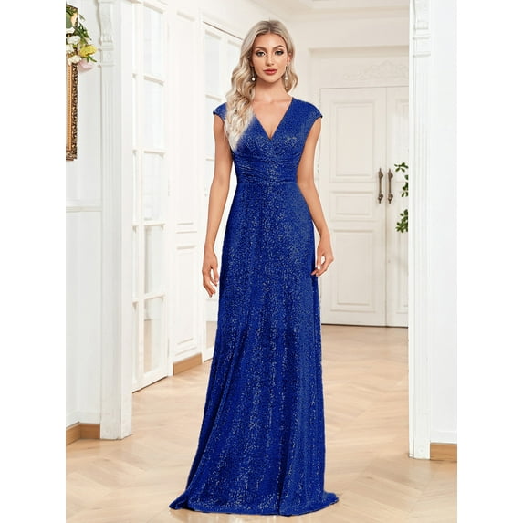Short Sleeve Sequin Dress for Women Formal Evening Gowns Sparkly V Neck Long Dress Wedding Guest Dress Bridesmaid Dress
