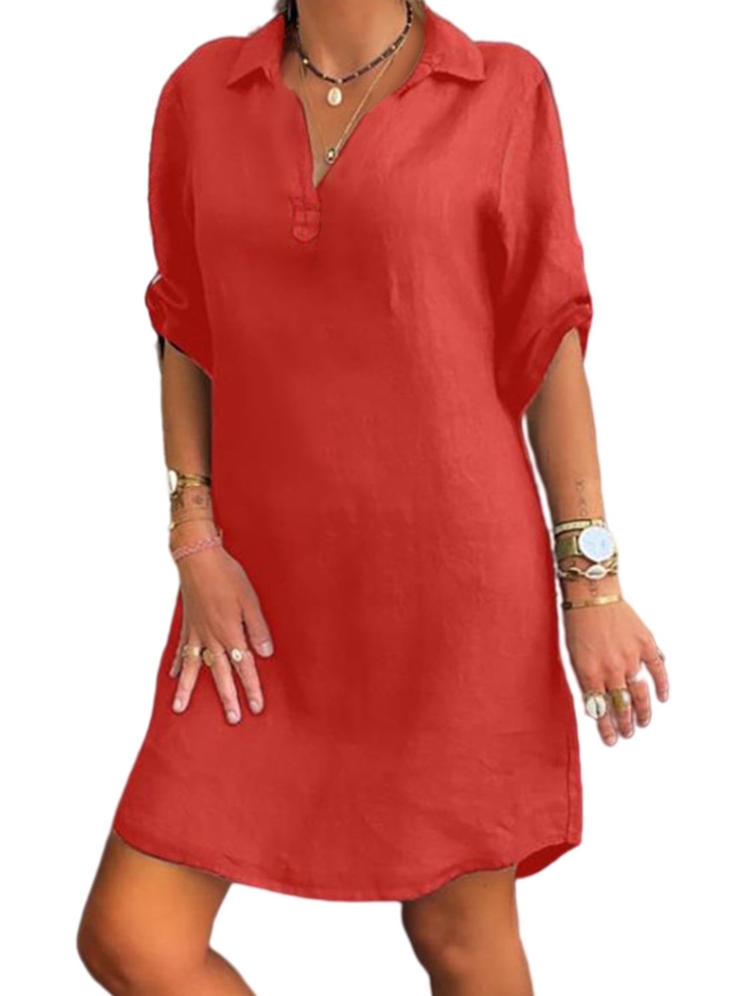Short Sleeve Shirt Dress for Women Summer Lapel V Neck Tunic Dress Long — free download