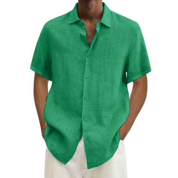 Short Sleeve Shirt For Men Solid Color Button Down Point Collar Cotton Workwear Loose Fit Summer Beach Casual Tops,Z011-Green,S