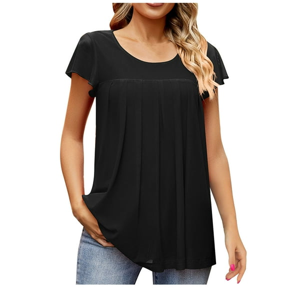 ZQUUVOU Short Sleeve Shirt For Women Eyelet Tops Summer Crewneck Blouse Loose Black