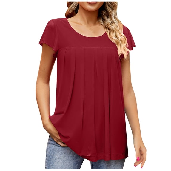 ZQUUVOU Short Sleeve Shirt For Women Eyelet Tops Summer Crewneck Blouse Loose Red