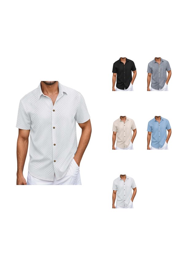 Short Sleeve Shirt Jacquard Pattern Casual Button Down Open Collar Comfortable Breathable Top