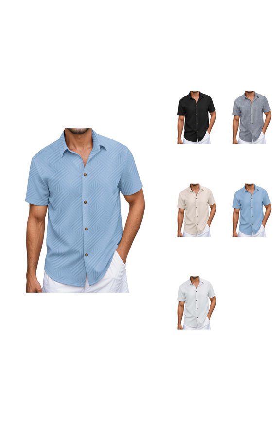 Short Sleeve Shirt Jacquard Pattern Casual Button Down Open Collar Comfortable Breathable Top