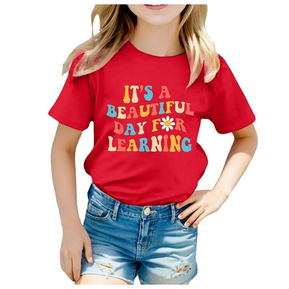 Short Sleeve Shirt for Girls Letter Printed Crewneck Toddler Summer Clothes Girls School Clothes Girls T Shirts 6-7 Years