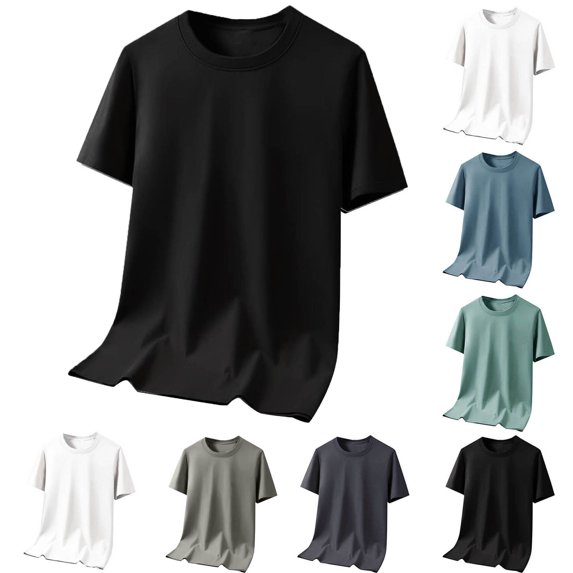 Short Sleeve Shirt for Men Men's Casual Fashionable Breathable Sweatshirt Solid Color Half Sleeve Round Neck Black M