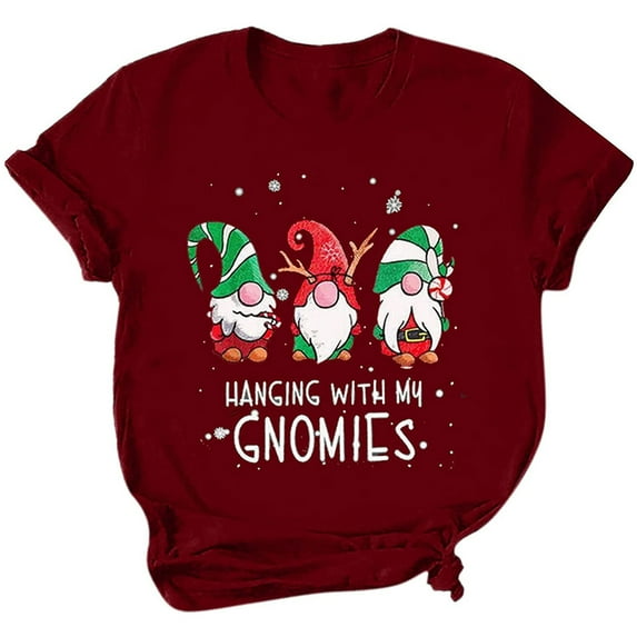 Short Sleeve Shirt for Women Gnomes Santa Graphic Print Hanging With My Gnomies T-Shirt Cute Xmas Holiday Tee Tops
