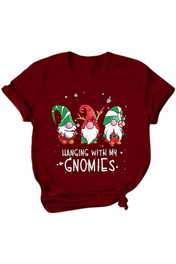 Short Sleeve Shirt for Women Gnomes Santa Graphic Print Hanging With My Gnomies T-Shirt Cute Xmas Holiday Tee Tops